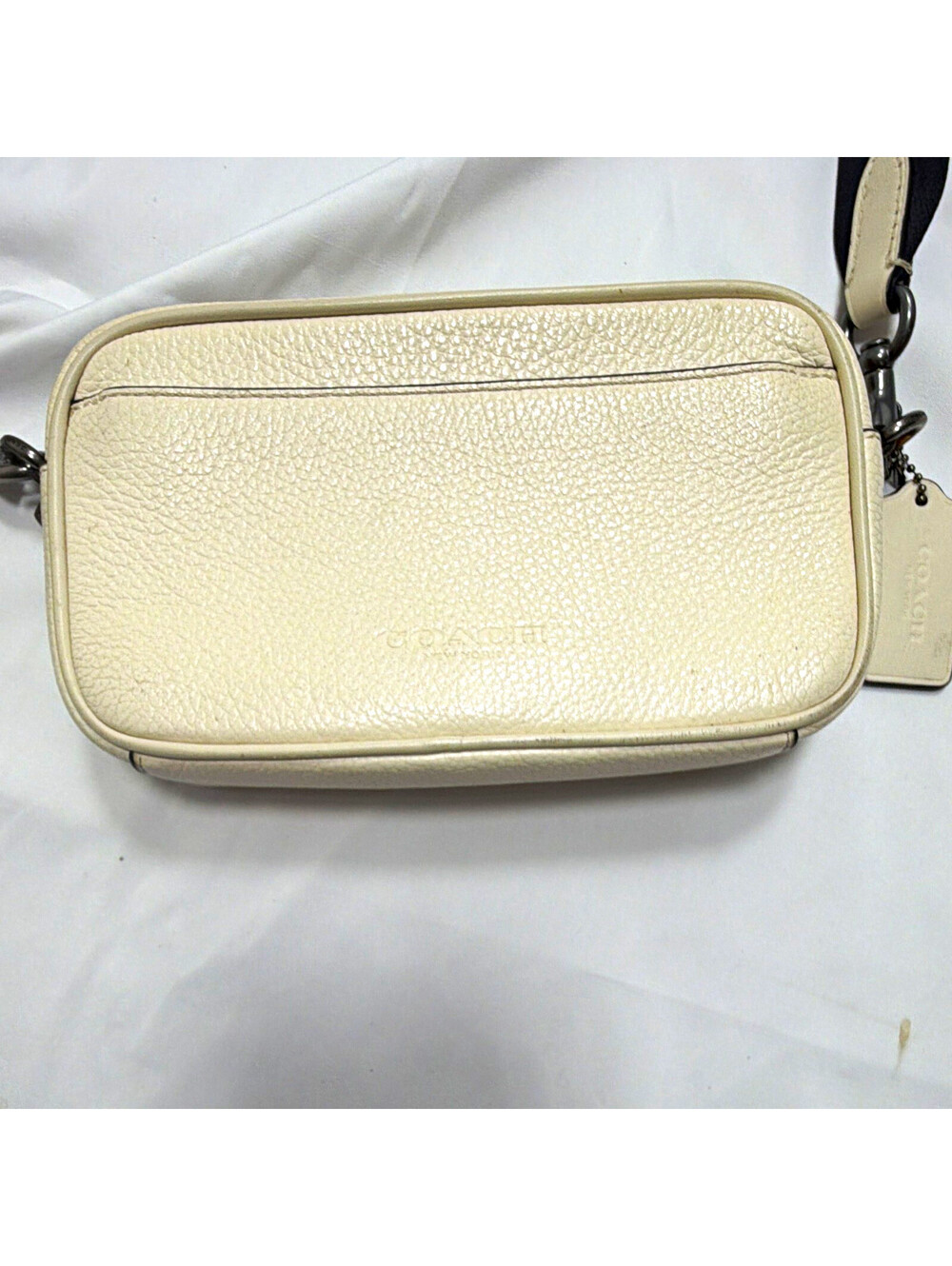 Coach White Pebbled Zip Crossbody Bag Silver Hardware Strap Bag Charm Women
